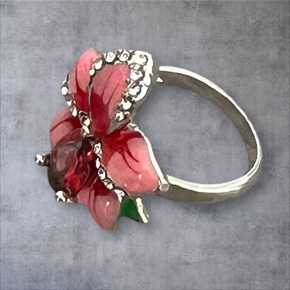 Large enamel flower ring various size, with a large red CZ stone in center - Picture 3 of 6